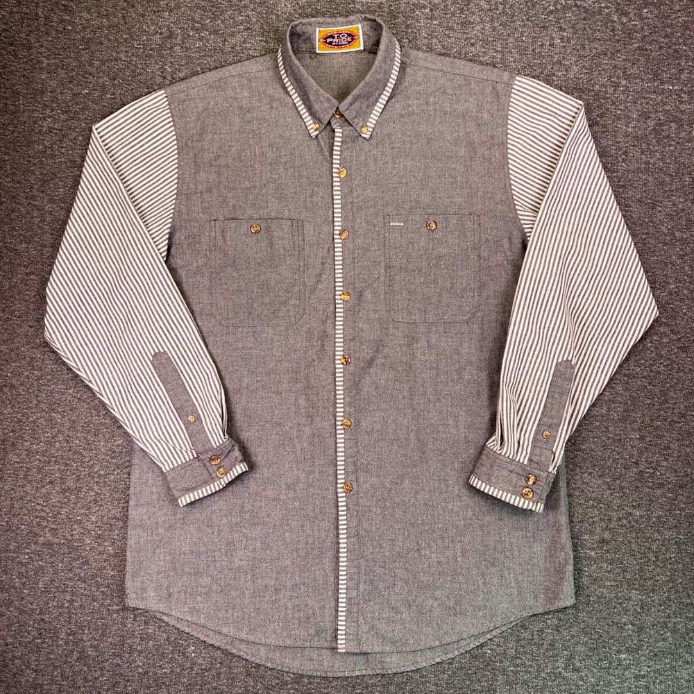 T.O. Pride Shirt Mens Large Gray Chambray Button Down Striped Western Cowboy‎